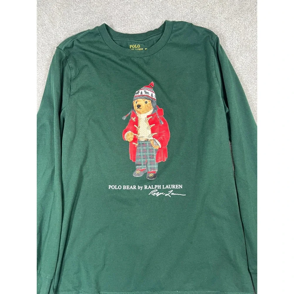 Polo Ralph Lauren Boys Large 14-16 Green Long Sleeve Polo Bear Graphic T-Shirt